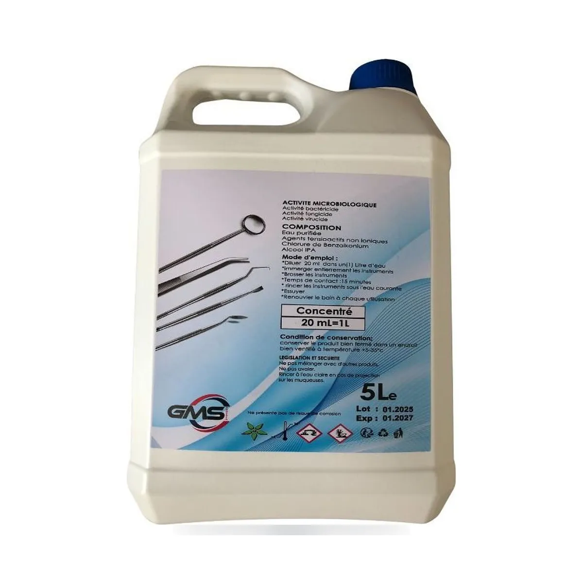 White 5-litre container of Bactione Instruments GMS disinfectant solution with handle.