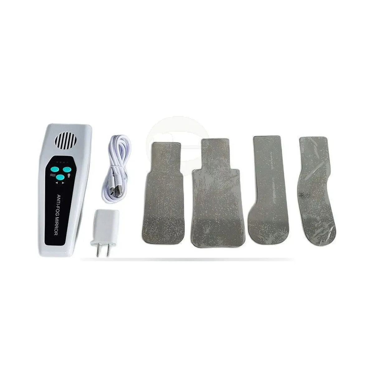 Motorized handle with LED lighting and four More Dent stainless steel dental mirrors.
