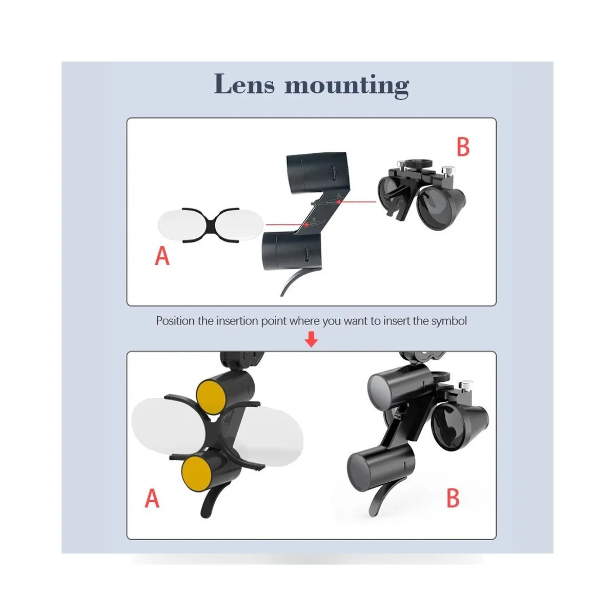 More Dent binocular loupes mounted on headband with LED light and battery