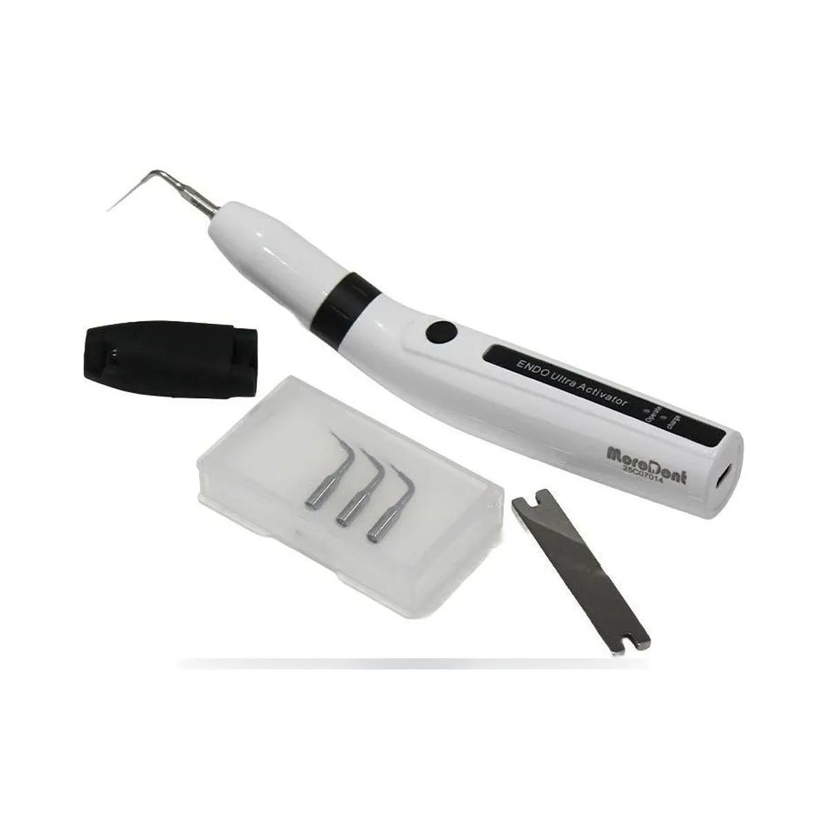 Cordless white More Dent BR-207 endodontic activator with contre-angle head and tip.