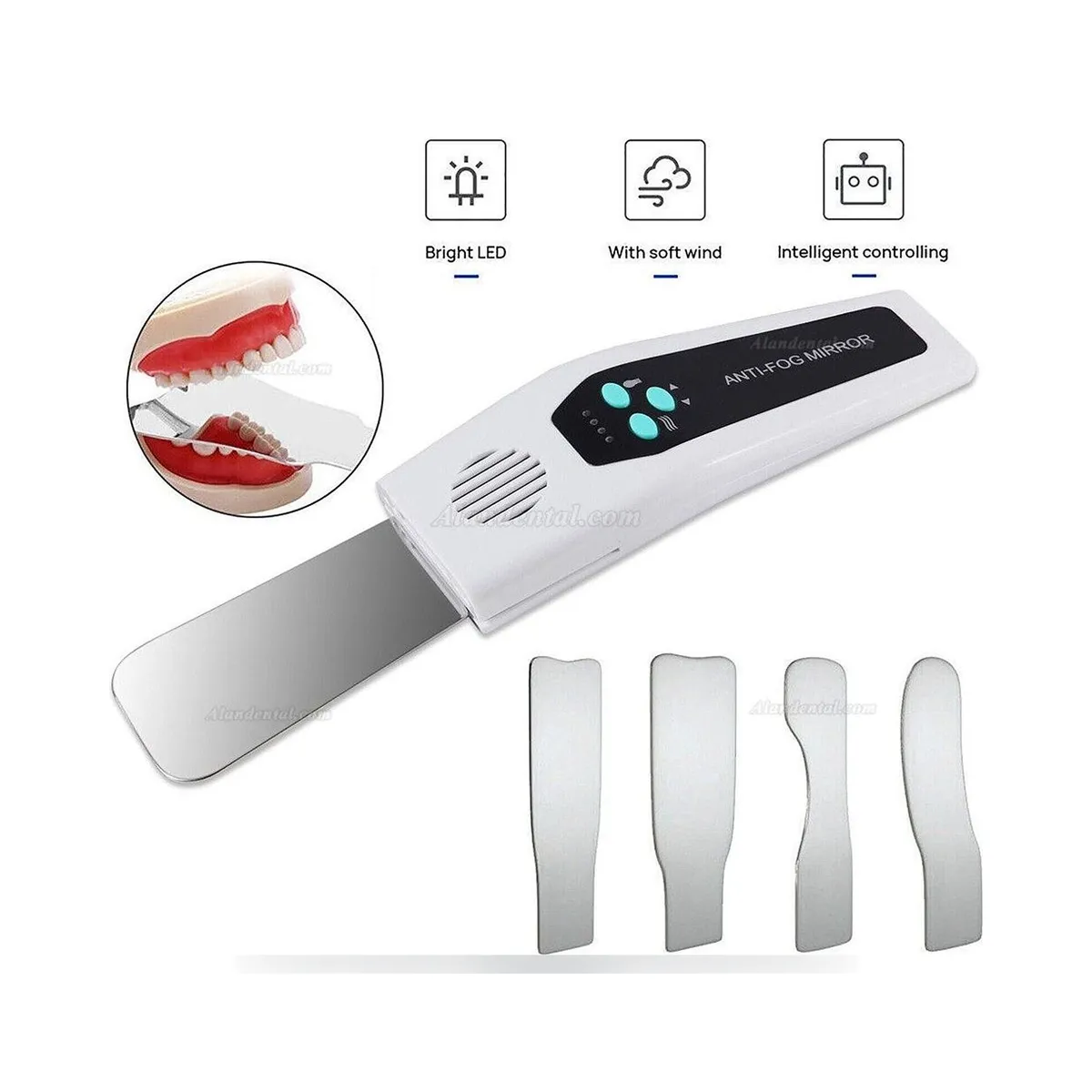 Motorized handle with LED lighting and four More Dent stainless steel dental mirrors.