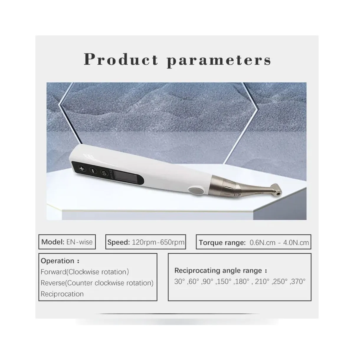 Moteur endodontique sans fil More Dent EN-WISE avec tête standard et écran de contrôle.