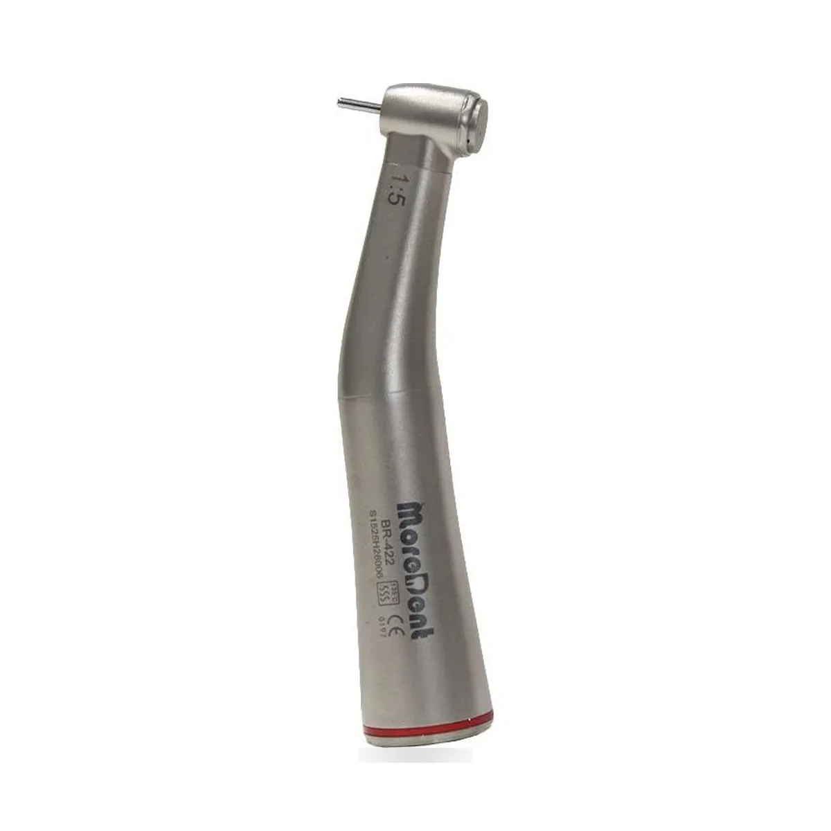 Contre-angle multiplicateur 1:5 More Dent BR-422SS-15 en acier inoxydable avec bague rouge.