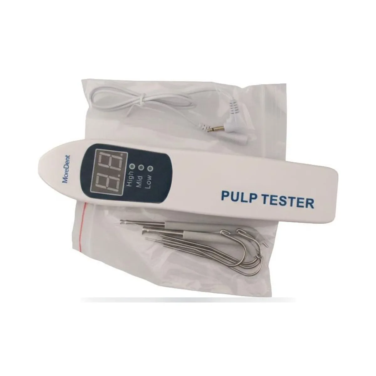 More Dent electric pulp tester unit with probe, lip hook, and cable