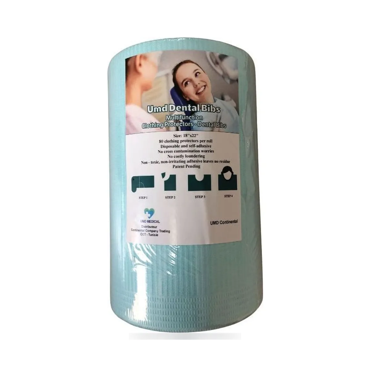Folded UMD 46 x 56 cm dental bibs with perforated cut neck and adhesive strip.