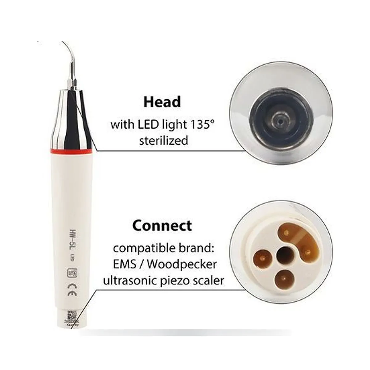 Pièce à main piézoélectrique HW-5L2 More Dent avec tête en métal et bague LED.