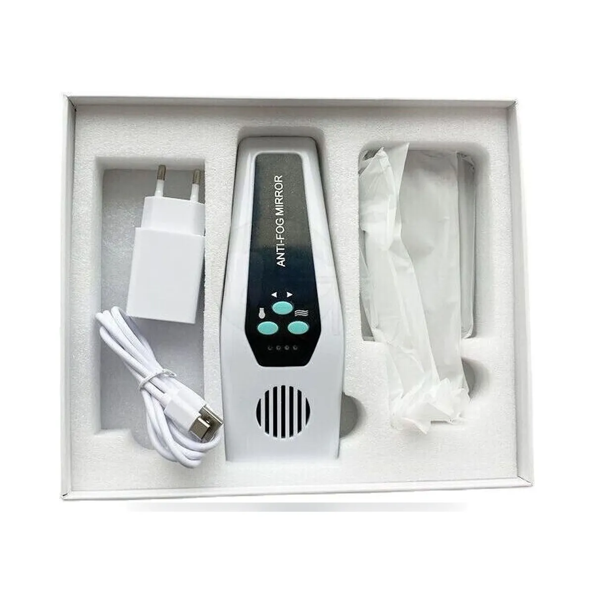 Motorized handle with LED lighting and four More Dent stainless steel dental mirrors.