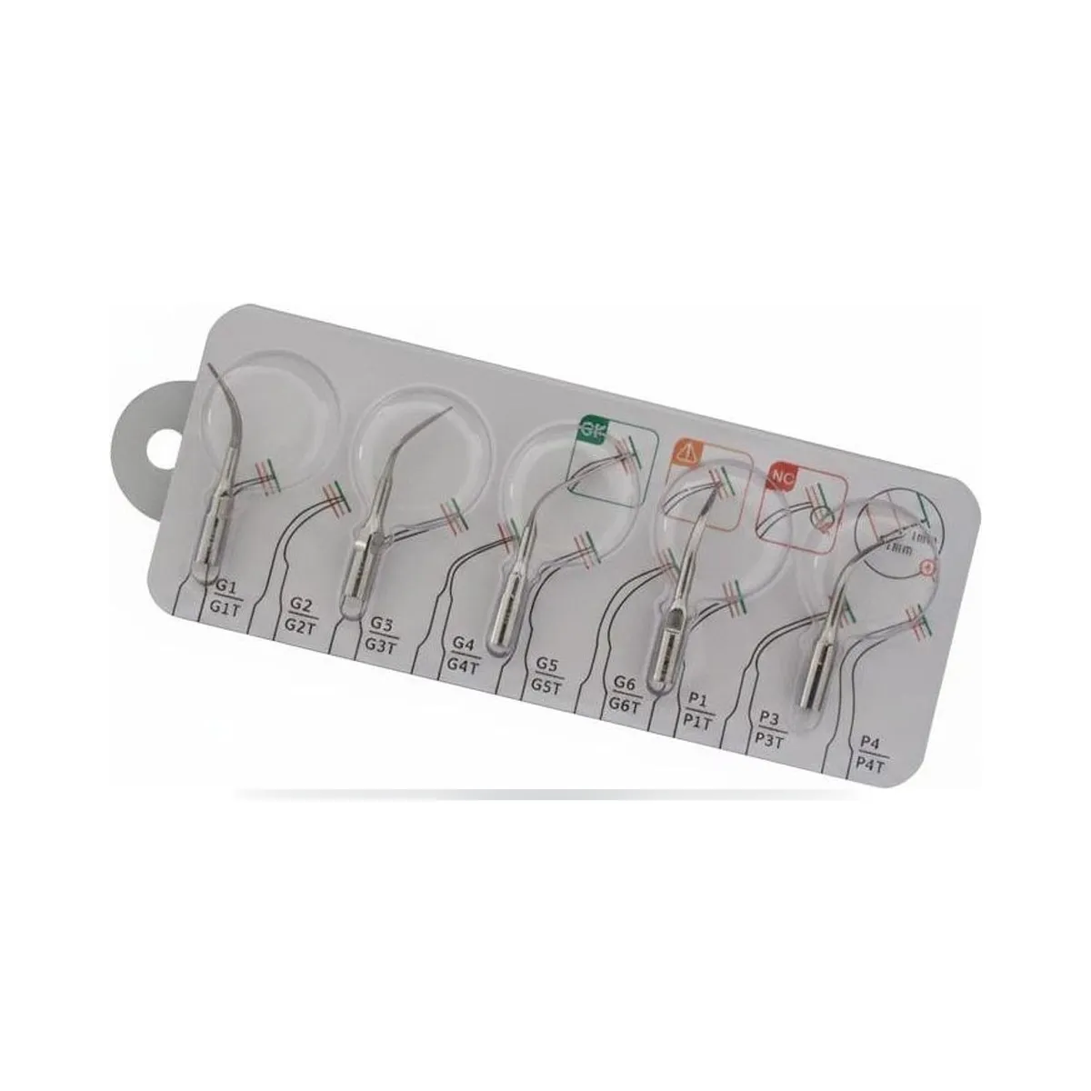 Boîte de 5 inserts de détartrage More Dent avec pointes G1, G2, G4 et P1.