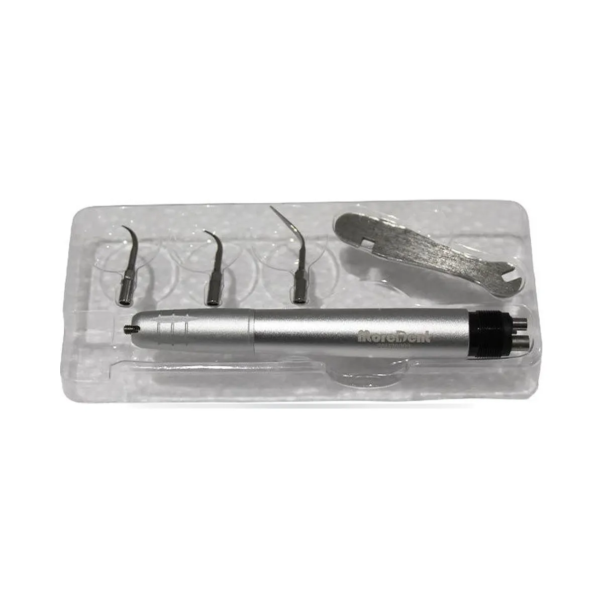 Détartreur pneumatique Air Scaler More Dent avec trois inserts G1, G2 et P3.