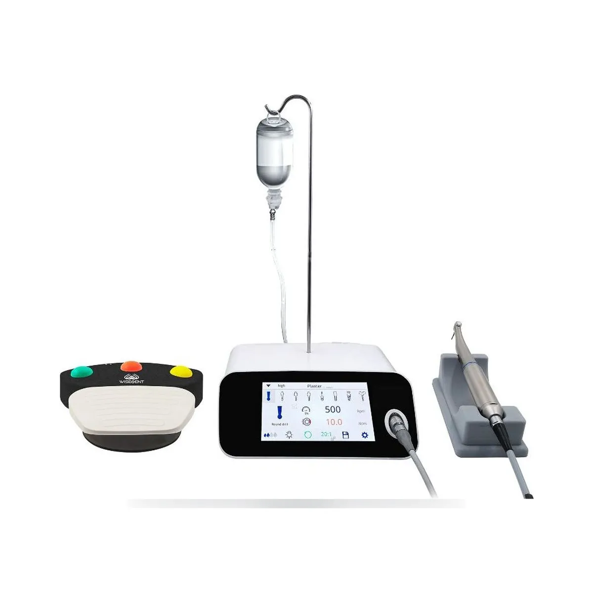 WiseDent Implant Wise Plus surgical motor console with LCD screen, handpiece, and foot pedal.