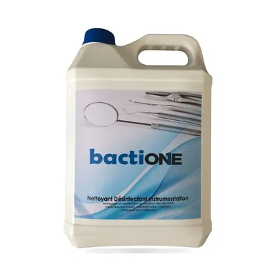 White 5-litre container of Bactione Instruments GMS disinfectant solution with handle.