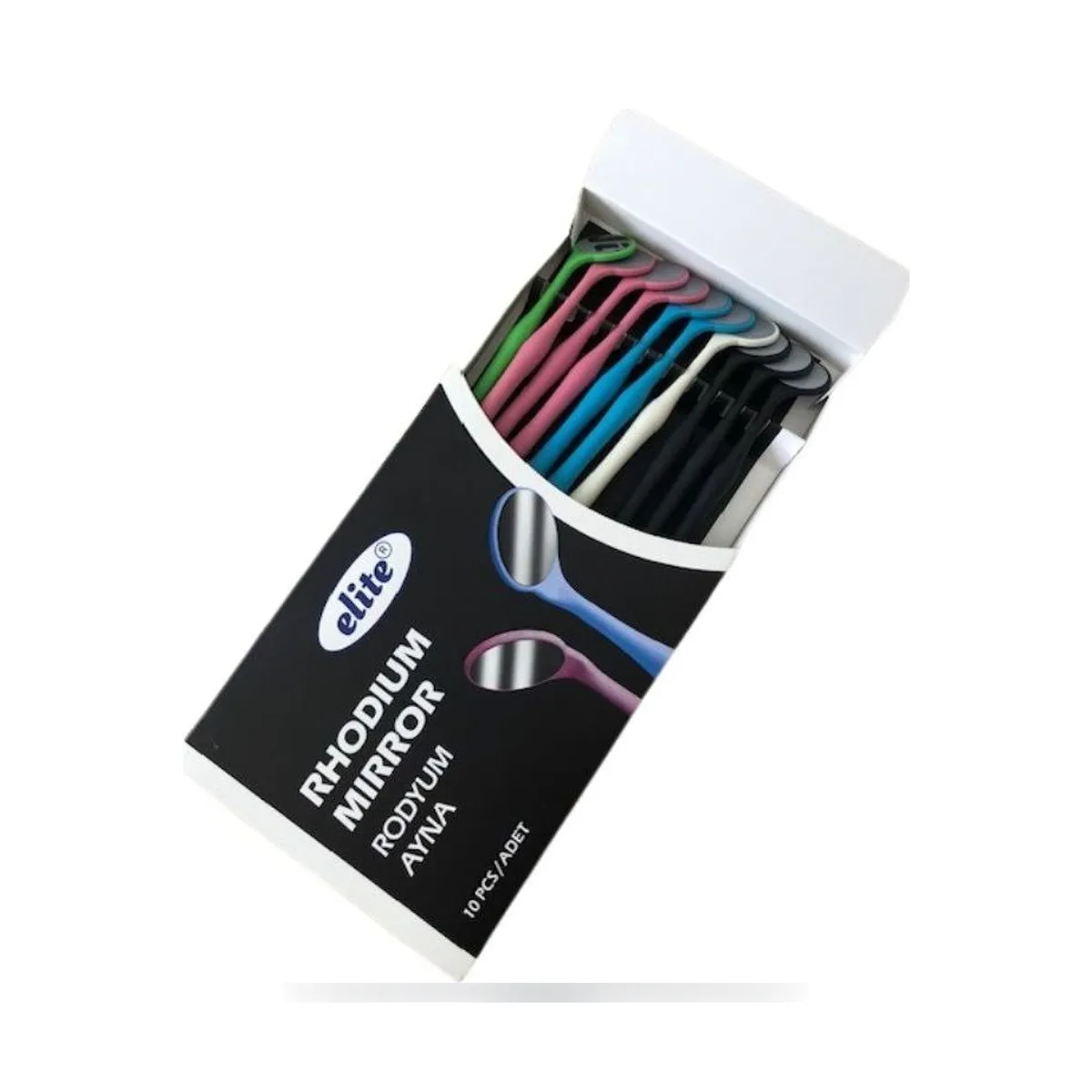 Coffret de 10 miroirs de bouche dentaires colorés double face en rhodium Seckin Dental.