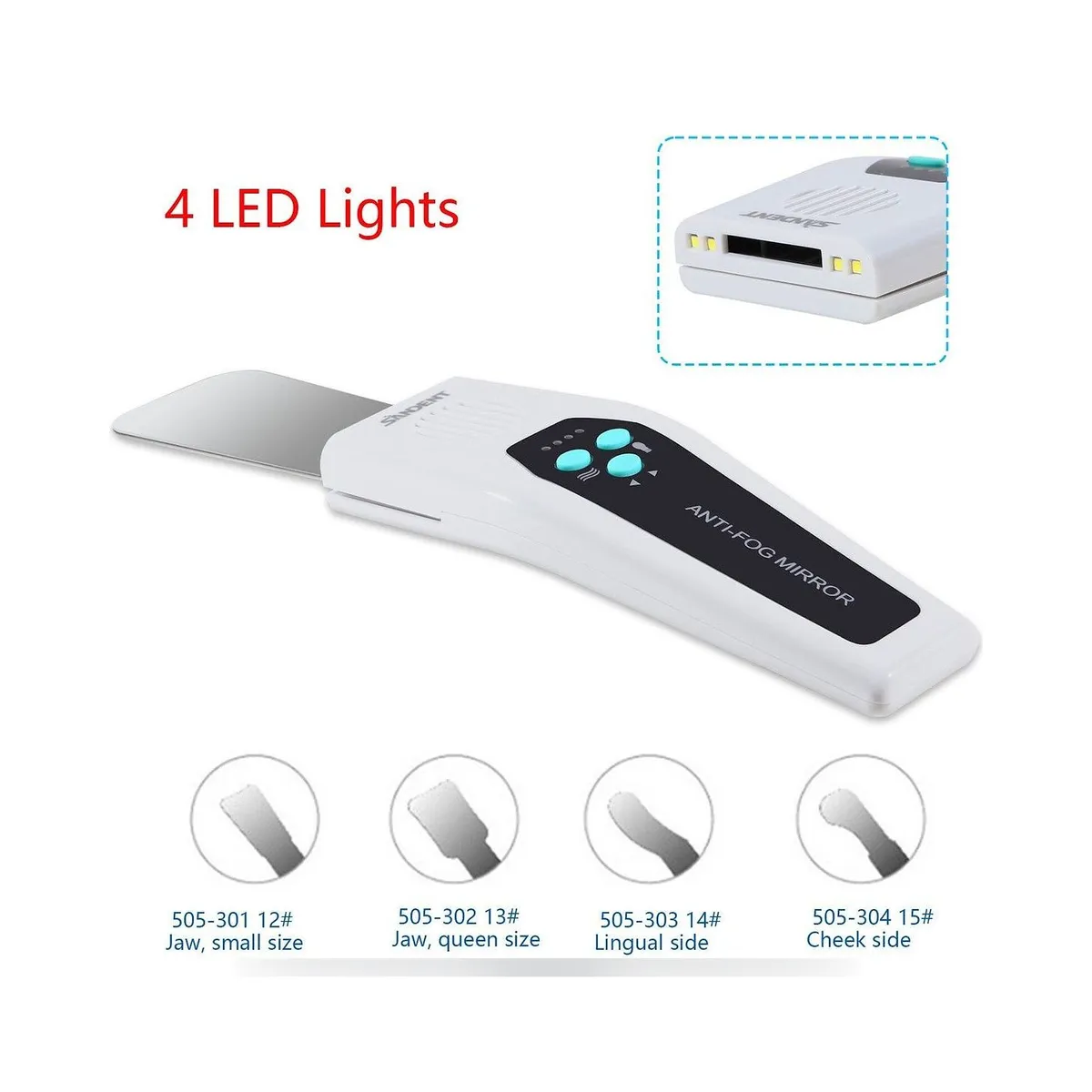 Motorized handle with LED lighting and four More Dent stainless steel dental mirrors.