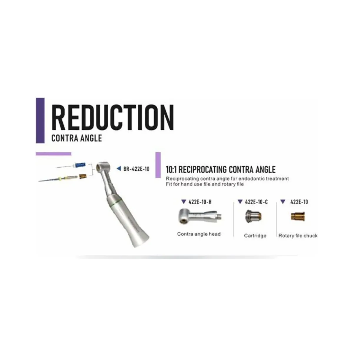 Contre-angle réducteur 10:1 More Dent en acier inoxydable avec tête à bouton-poussoir