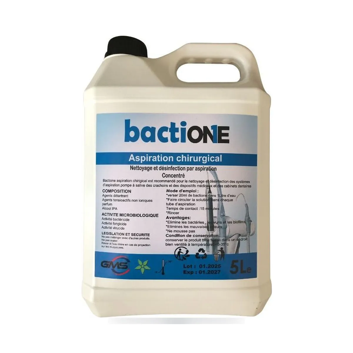 5-litre canister of GMS Bactione Aspiration disinfectant.