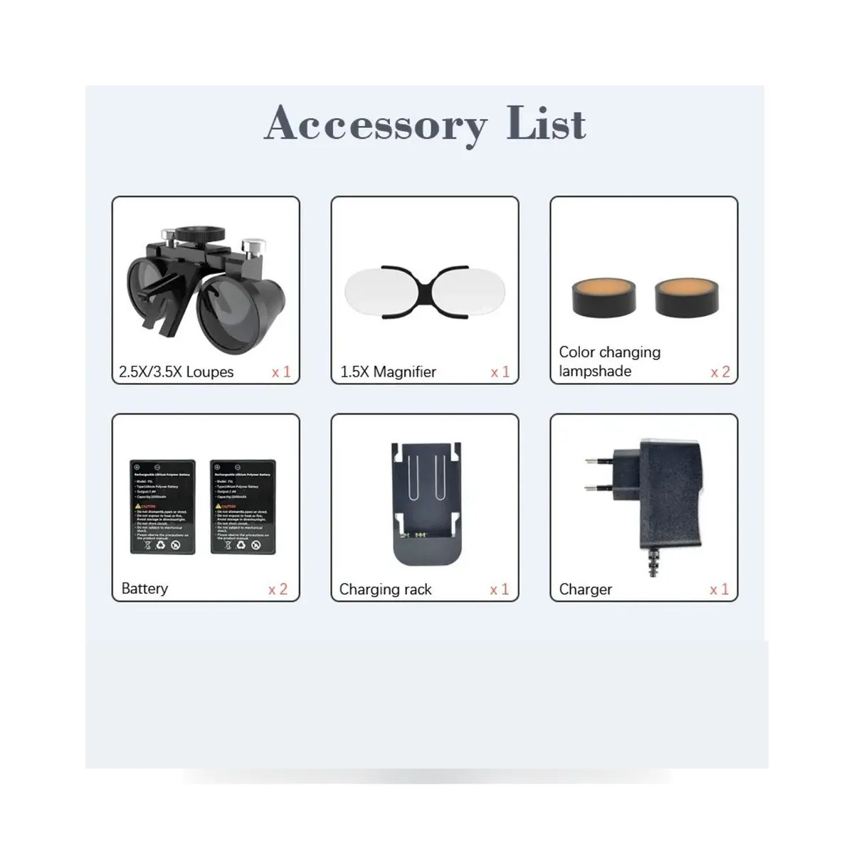 More Dent binocular loupes mounted on headband with LED light and battery