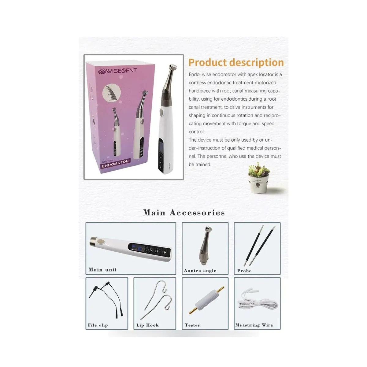 Moteur endodontique sans fil More Dent EN-WISE avec tête standard et écran de contrôle.