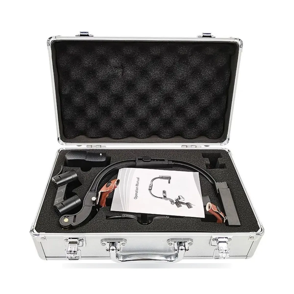More Dent binocular loupes mounted on headband with LED light and battery