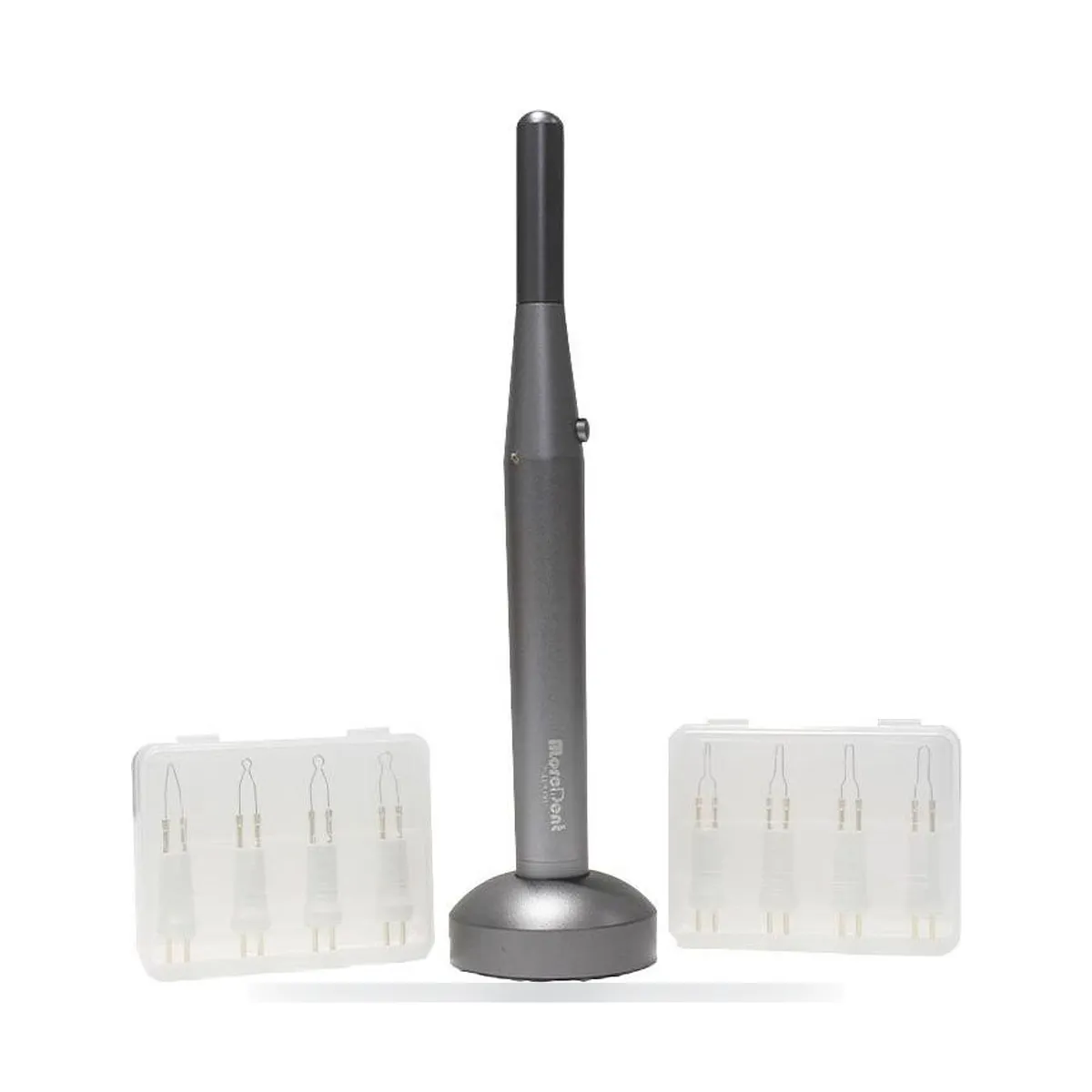Pièce à main coupe-gutta sans fil More Dent BR-104 posée sur socle avec 8 embouts