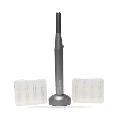 Pièce à main coupe-gutta sans fil More Dent BR-104 posée sur socle avec 8 embouts
