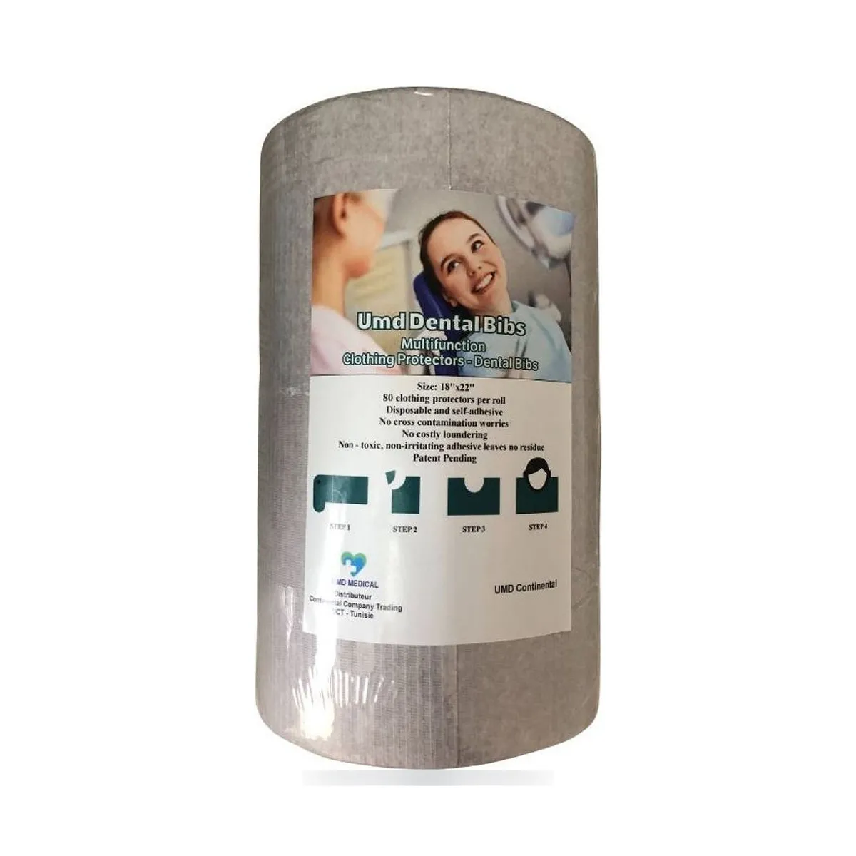 Folded UMD 46 x 56 cm dental bibs with perforated cut neck and adhesive strip.