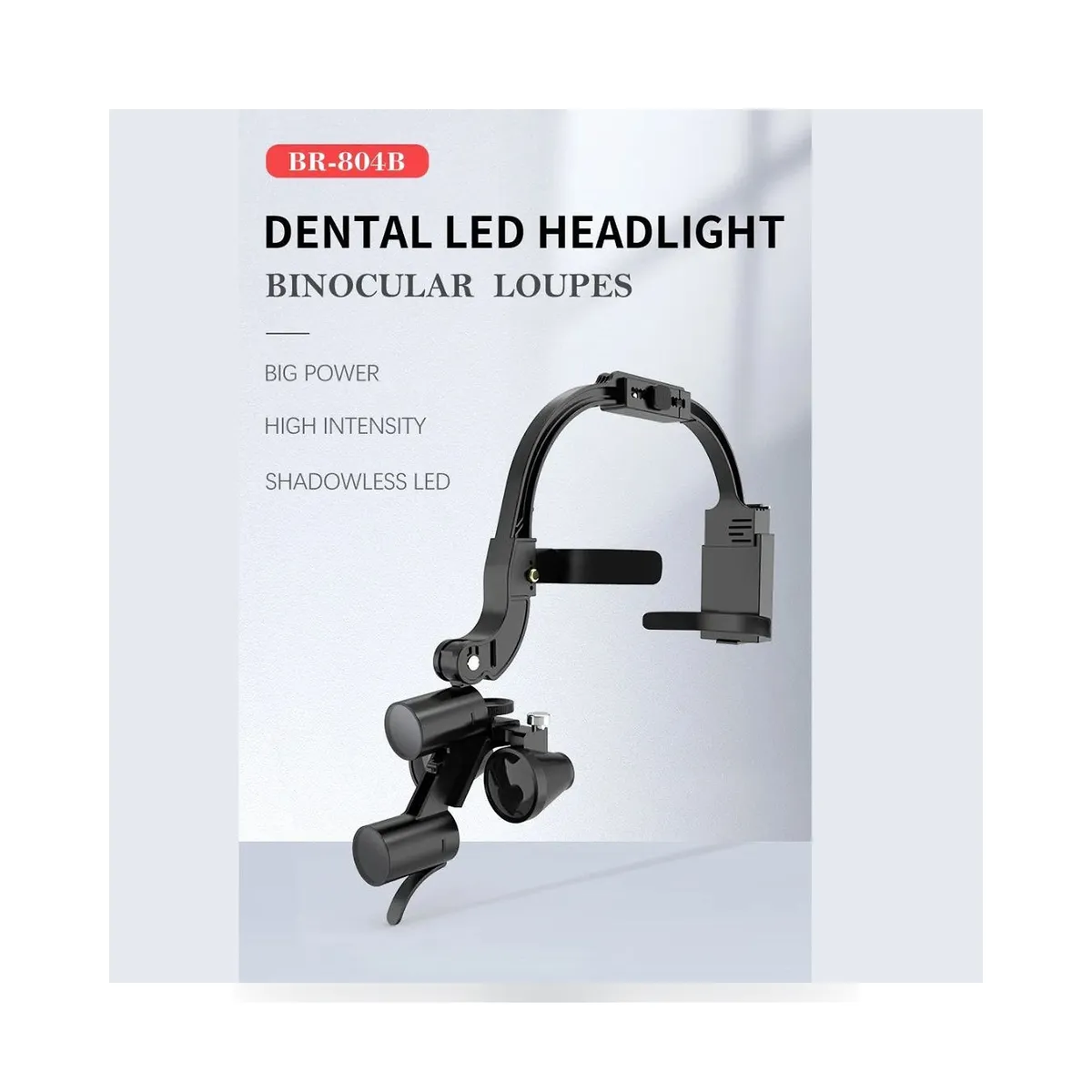 More Dent binocular loupes mounted on headband with LED light and battery